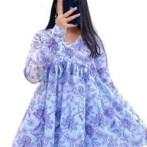 Fashion Women's Cotton Printed Short Kurti, Purple Floral V-Neck Long Sleeve Top