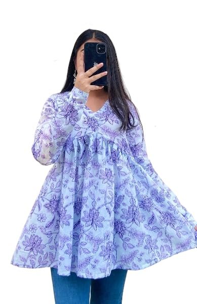 Fashion Women's Cotton Printed Short Kurti, Purple Floral V-Neck Long Sleeve Top