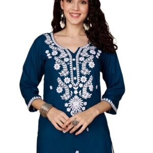 Short Kurti for Women for Jeans, Chikankari Kurtis for Ladies, Lakhnavi V- Neck