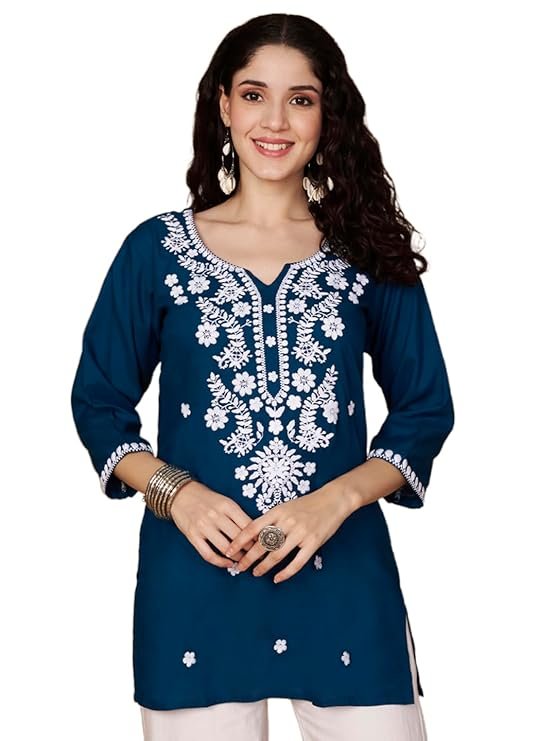 Short Kurti for Women for Jeans, Chikankari Kurtis for Ladies, Lakhnavi V- Neck