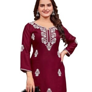 Women's Rayon Chikankari Embroidered Short Kurti