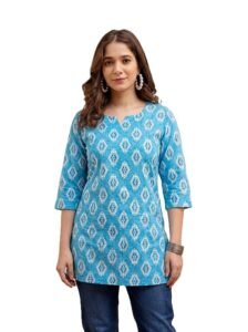 Women’s Blue Printed Short Kurti | Straight Fit