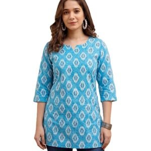 Women’s Blue Printed Short Kurti | Straight Fit